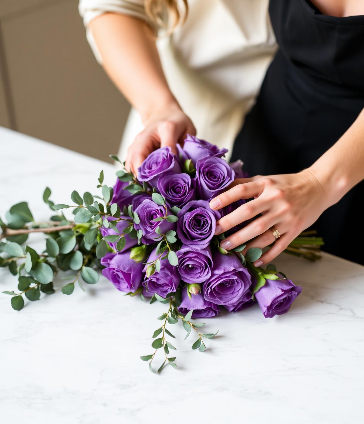 Florist Mariela arranging purple roses